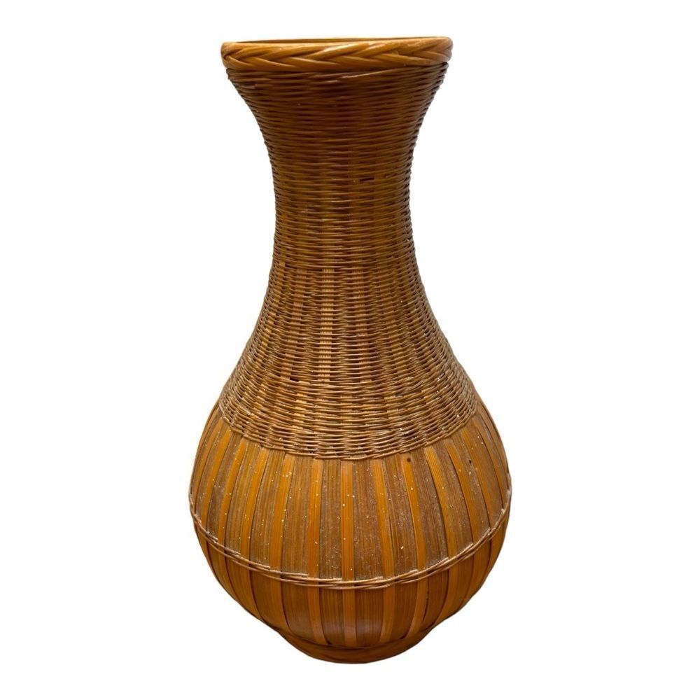 Vintage Handwoven Rattan Bamboo Vase Boho Coastal Mid Century Asian Decor 8”